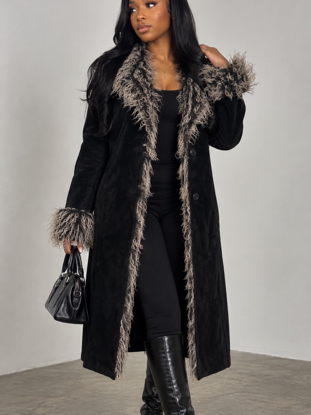 Wilsons Leather Black Trench Coat with Taupe Fur-Trim